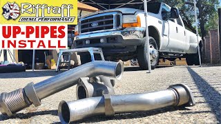 2001 F350 73  RiffRaff UpPipes Install  Stock up pipes leaking and falling apart JUNK SP [upl. by Teddman]